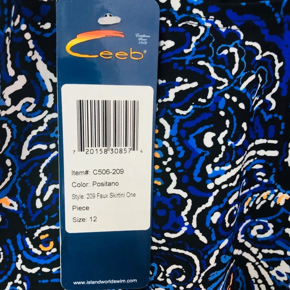 NWT Ceeb Swimdress Faux Skirtini One Piece Paisley Blue Womens 12